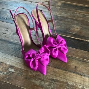 Express Fuchsia Satin Bow Heels